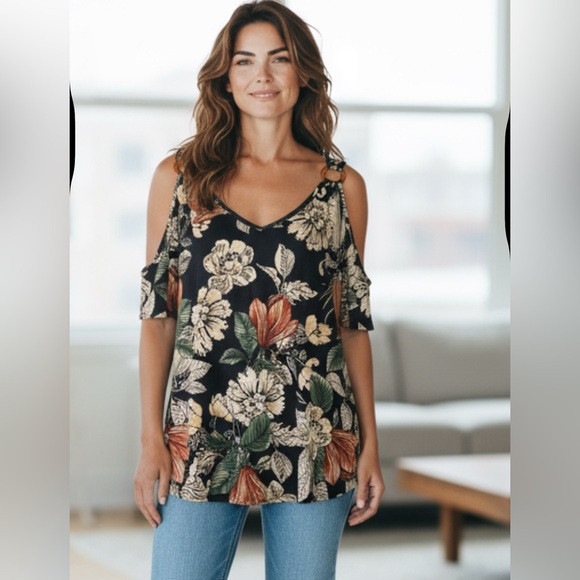 NAIF Floral Patterned Cold Shoulder Top - Picture 1 of 8